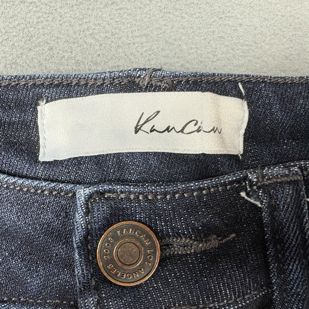 KanCan High Rise Button Fly Flare Jeans‎ Size 27 Dark Wash Raw Hem Stretch - Picture 6 of 10